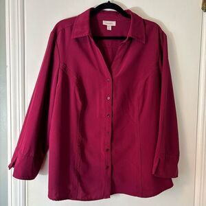 Dressbarn 2X berry color button up shirt princess seam flip cuff long sleeve